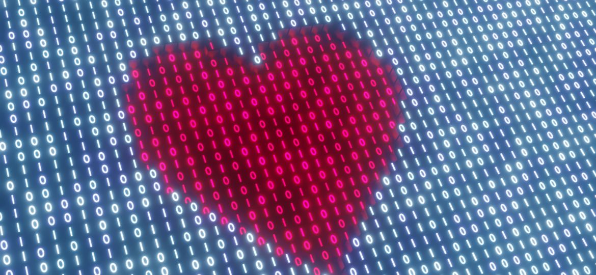 Digital binary blocks form the shape of a red heart. Illustration of the concept of online dating app and romance scams and swindlers related to it (Demo)